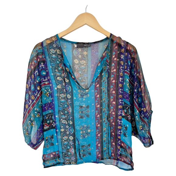 MYNE Ashley Ann Silk Sheer Boho Blouse Floral 3/4 Sleeve Ties at Neck Size 2 - Picture 3 of 13